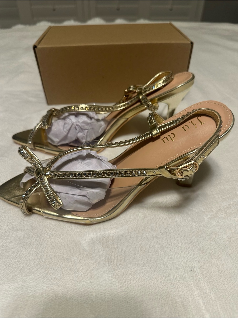 Jiu DuGold Crystal Slingback Kitten Heel Sandals